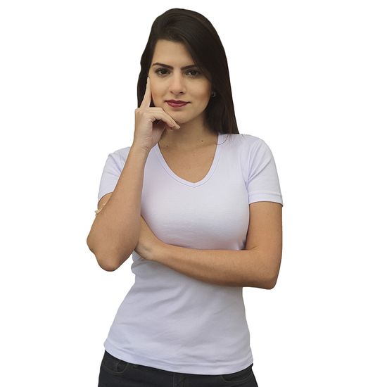 Camiseta Básica Feminina Branca Gola V Canelada Bu11 Tamanho:P - 36/38;Cor:Branco